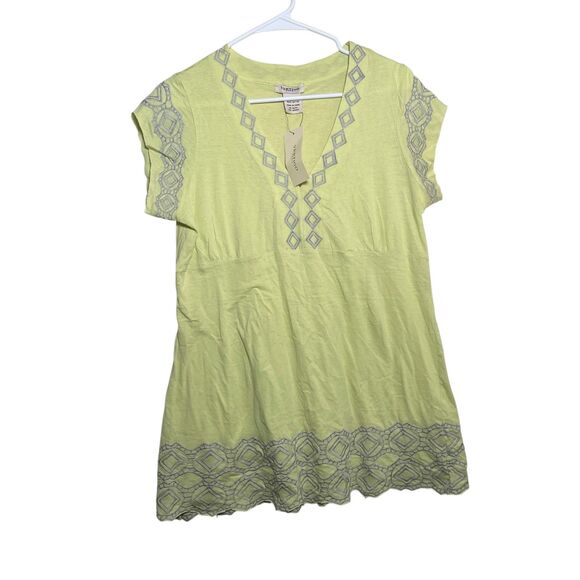 Vertigo Paris Blouse Women's XL Neon Embroidered V-Neck Short Sleeve Top NWT - Picture 1 of 13
